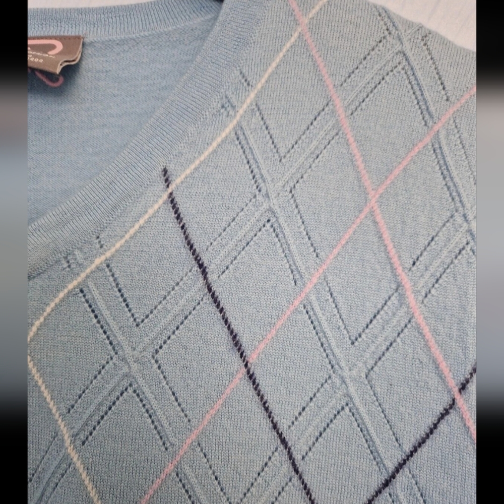 Mens Size L Blue 100% Merino Wool Golf Diamond Argyle Sweater Vest Waistcoat - Picture 3 of 7